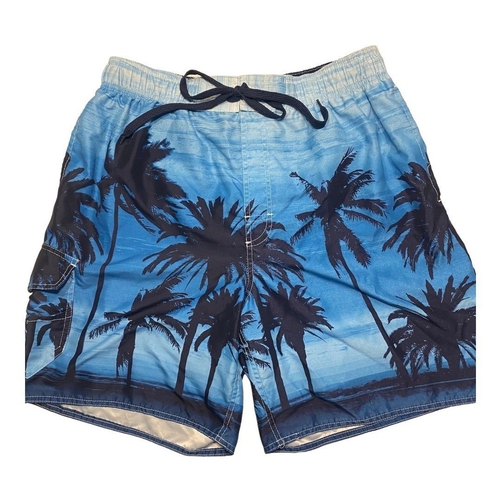 Newport‎ Blue Mens Palm Tree Swim Trunks XL Polyester Blue Patterned Lined